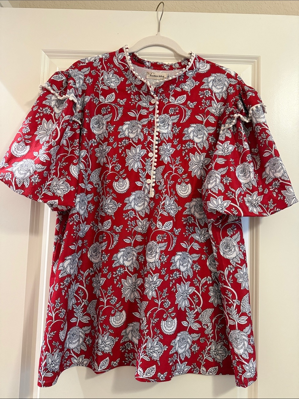 Southern Stitch Red Floral Short-Sleeve Ruffle Blouse